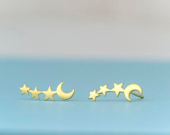 Moon Star Ear climbers in solid gold / Single or Pair Celestial Earring Studs / Mothers day gift