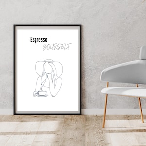 Espresso Yourself – Disegno a una linea di una donna che beve caffè (30 x 40 cm) – Arte murale stampabile