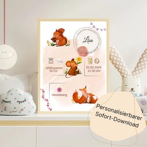 Personalized baby birth poster | Animal design | Birth date, name & place | Nursery decor | Instant download | Canva template
