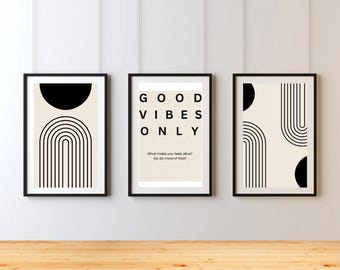 Minimalist Poster Set – Set of 3 Prints | Modern Wall Art 30 x 40 cm | Scandinavian Decoration to Print | Beige & Black Line Art Digi