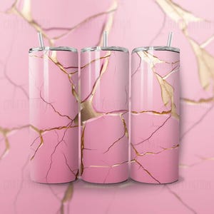 Petal Pink Kintsugi Tumbler: 20oz Insulated Stainless Steel With Lid & Straw, Seamless Wraparound Image