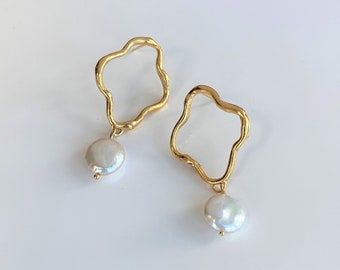 Wiggle Coin Pearl Pendant Hoops Ready To Ship