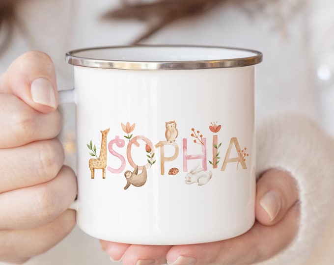 Personalized Animal Alphabet Mug, Custom Kids Name Cup, Cute Ceramic Mug for Boys Girls, Christmas Gift for Kids