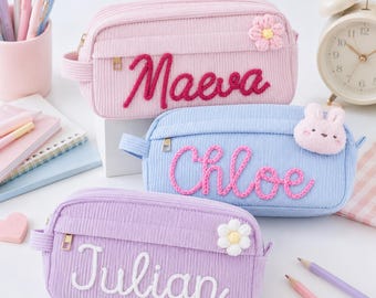 Personalized Corduroy Pencil Case, Custom Yarn Name Pencil Bag, Back to School Gift, Kids School Supplies Pouch, Gift for Girls Boys
