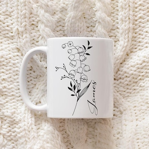 Mug fleur personnalisé en mai, mois de naissance, mug muguet personnalisé, tasse fleur de naissance, mug prénom, cadeau d'anniversaire pour elle, cadeau de demoiselle d'honneur