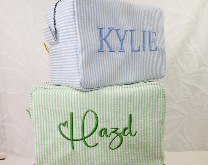 Custom Embroidered Seersucker Toiletry Bag, Personalized Bridesmaid Gift, Travel Name Pouch, Team Gifts Baby Bags Organizer