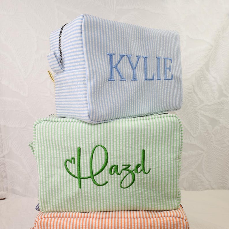 Custom Embroidered Seersucker Toiletry Bag, Personalized Bridesmaid Gift, Travel Name Pouch, Team Gifts Baby Bags Organizer