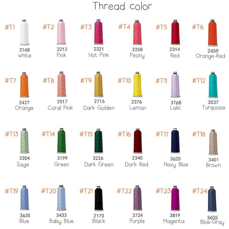 May include: A color chart titled Thread color displaying twenty-four spools of embroidery thread arranged in four rows. Each spool is labeled with a code from #T1 to #T24, a numeric identifier, and a corresponding color name in English text.