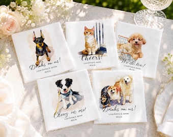 Personalized Pet Photo Wedding Napkins, Custom Watercolor Illustration Cocktail Napkins, Wedding Decor