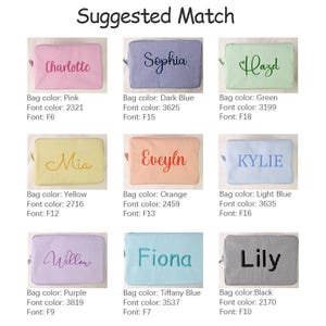 May include: A grid of nine rectangular zippered pouches featuring vertical pinstripes in pink, dark blue, green, yellow, orange, light blue, purple, tiffany blue, and black. Each pouch is embroidered with a unique name in a distinct font color.