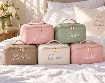 Personalized Leather Makeup Bag, Custom Embroidered Cosmetic Bag, Large Toiletry Pouch, Monogram Gift, Travel Organizer