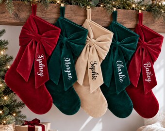Personalized Velvet Christmas Stocking, Custom Name Stocking with Bow, Embroidered Holiday Mantel Decor, Family Christmas Gift