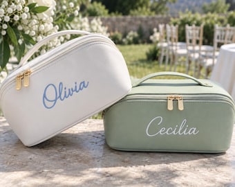 Personalized Bridesmaid Gift, Large Leather Cosmetic Bag, Custom Name Wedding Gift, Travel Toiletry Bag, Best Friend Gift