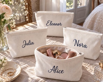 Personalized Corduroy Cosmetic Bag, Embroidered Makeup Organizer, Bridesmaid Gift, Travel Toiletry Bag, Gift for Her, Christmas Gift 2026