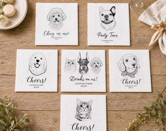 Servilletas de boda personalizadas con retratos de mascotas, servilletas de cóctel personalizadas, decoración de bar para bodas con perros o gatos, artículos para la recepción de bodas.