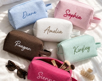 Personalized Embroidered Cosmetic Bag, Custom Name Makeup Organizer, Bridesmaid Bags, Travel Pouch with Handle, Gift for Her, Christmas Gift