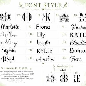 May include: A font style chart displaying twenty distinct black typography options labeled F1 through F20, featuring various script, serif, and sans-serif typefaces. Includes a note explaining monogram order for F1, F2, and F3 with an example input CKE.