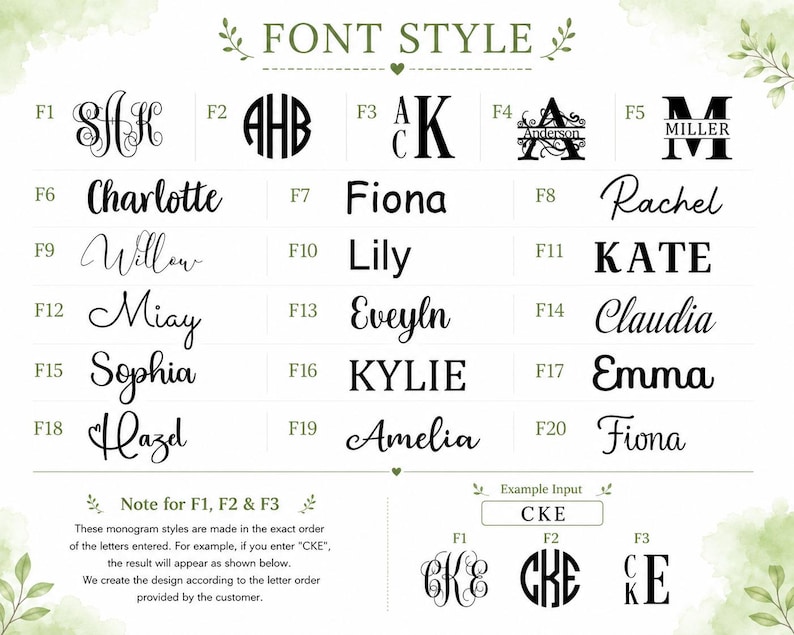 May include: A font style chart displaying twenty distinct black typography options labeled F1 through F20, featuring various script, serif, and sans-serif typefaces. Includes a note explaining monogram order for F1, F2, and F3 with an example input CKE.