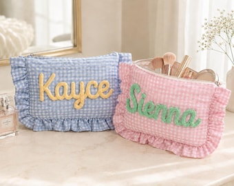 Personalized Name Ruffle Makeup Bag, Bridal Shower Favor, Women Travel Toiletry Bag, Bridal Shower Gift, Wedding Party Favor, Gift for Her