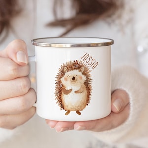 Personalized Hedgehog Enamel Mug, Custom Name, Watercolor Hedgehog, Woodland Animal Mug, Gift for Hedgehog Lovers, Kids & Adult, Camping Mug