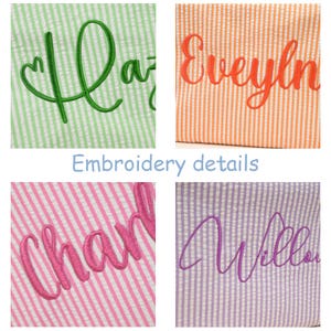 May include: Four panels of seersucker fabric featuring vertical stripes in light green, orange, pink, and lavender. Each panel displays custom cursive embroidery in a matching thread color, including the names Hazel, Evelyn, Charlotte, and Willow.