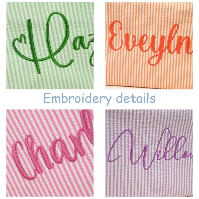May include: Four panels of seersucker fabric featuring vertical stripes in light green, orange, pink, and lavender. Each panel displays custom cursive embroidery in a matching thread color, including the names Hazel, Evelyn, Charlotte, and Willow.