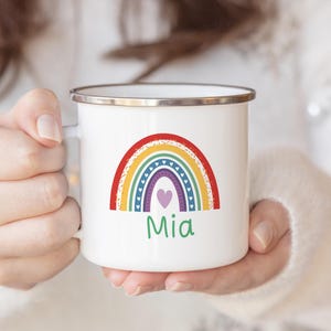 Regenbogen Aquarell Emaille Tasse, personalisierte Camping Tasse, Team Geschenk