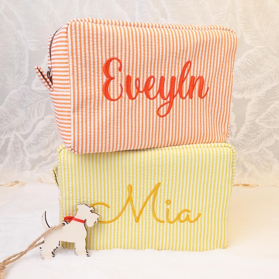Custom Embroidered Seersucker Toiletry Bag, Personalized Cosmetic Pouch, Makeup Organizer, Bridesmaid Gifts