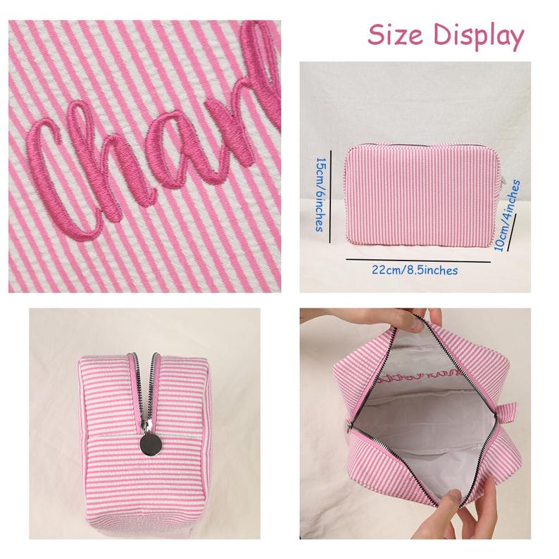 May include: A pink and white striped zippered pouch with pink embroidered script text. The pouch measures 8.5 inches in width, 6 inches in height, and 4 inches in depth. It features a silver-toned metal zipper pull and a white interior lining.