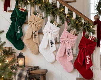 Personalized Bow Christmas Stocking, Custom Name Velvet Stocking, Embroidered Family Stocking, Christmas Mantel Decor, Xmas Gift