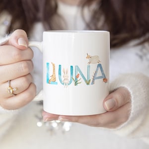 Taza con nombre personalizado, taza de café personalizada, linda taza con alfabeto de animales, regalo de cumpleaños para ella, taza de café de oficina, regalo de definición de nombre