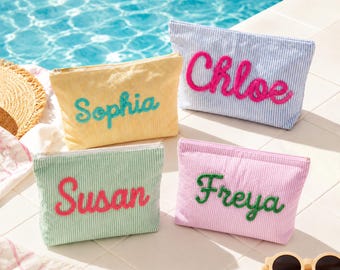 Personalized Seersucker Cosmetic Bags, Summer Travel Toiletry Bags, Custom Chenille Name Travel Pouch, Party Favor Bag, Beach Wedding gift