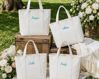 Personalized Canvas Tote Bag, Embroidered Name Tote, Bridesmaid Gift, Bachelorette Beach Bag, Custom Wedding Party Bag, Travel Tote