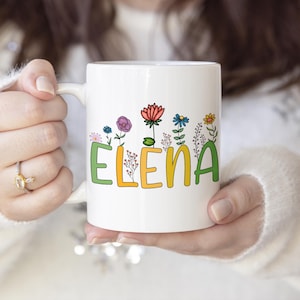 Taza con nombre, regalo personalizado para niño/niña, taza con letras y flores, adorable taza con flores silvestres, regalo de cumpleaños