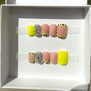 Press on Nails|Neon Green French Safari Print| Short Square Nails| Bling Nails| New Summer Style Nails| 10 pcs Nails|Luxury Press On Nails