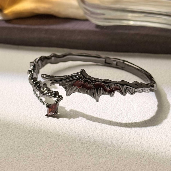 Black Rhodium Sterling Silver Vampire Bat Bangle, Red CZ Stone