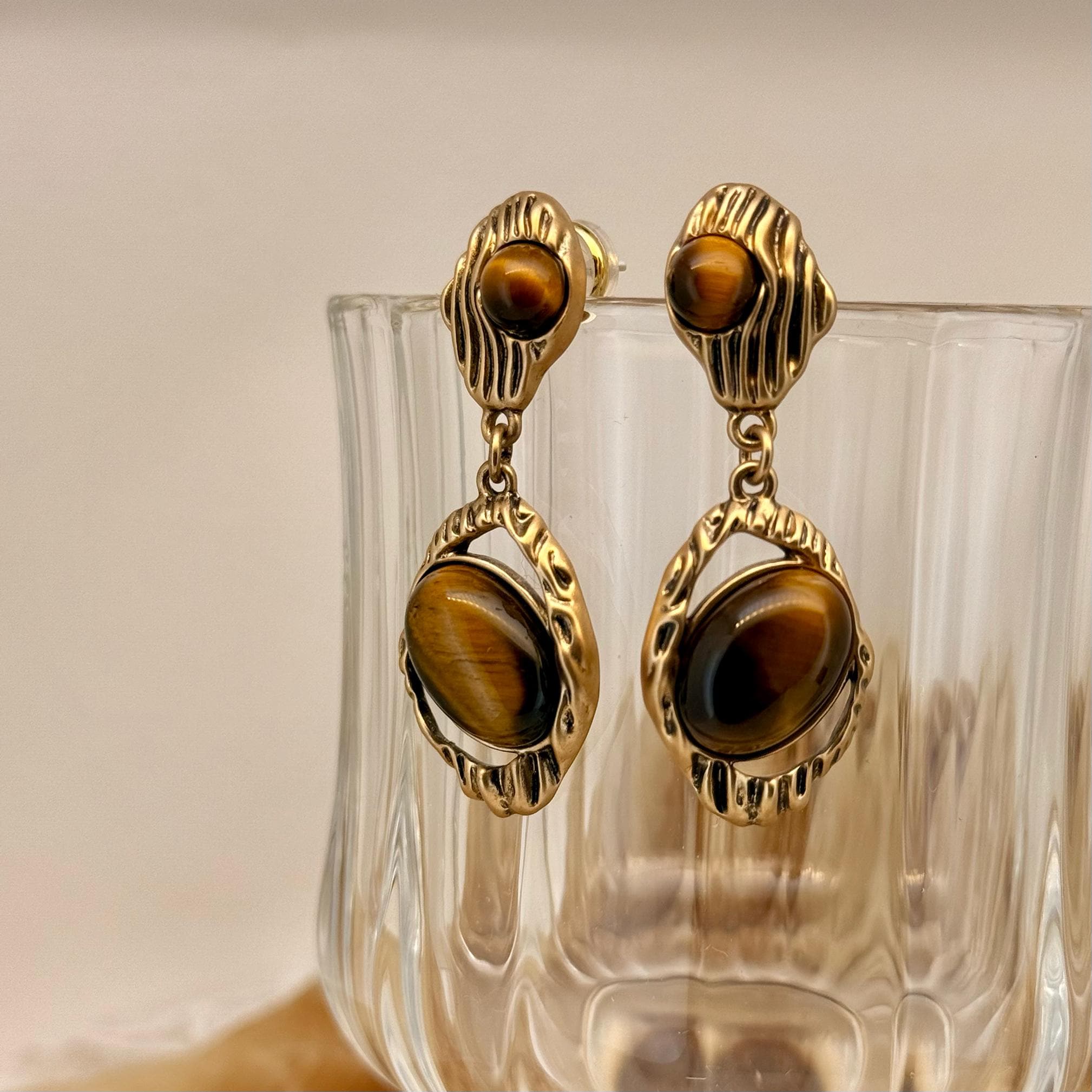 Set Collier Boucles D'Oreilles Lideva Paris - Oeil De Tigre Perles Verre Pierres - Neuf