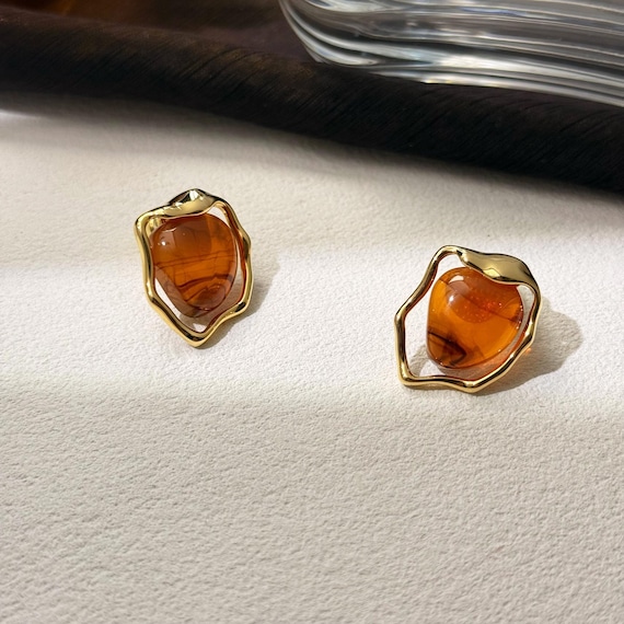 Amber Resin Stud Earrings: Gold Plated Retro Jewelry
