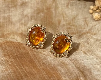 Natural Amber Vintage Stud Earrings | Antique Gold Floral Earrings | Retro Inspired Jewelry | Gift for Her | Handmade Mother's Day Gifts