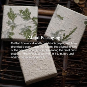 Handmade paper gift boxes featuring delicate green fern leaves embedded in the textured surface, resting on a wooden background. The boxes have a natural and rustic aesthetic, perfect for eco-friendly or vintage-inspired gift presentations.