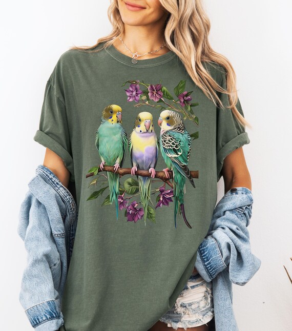Budgie Parakeet T-shirt: Floral Birds Graphic Tee