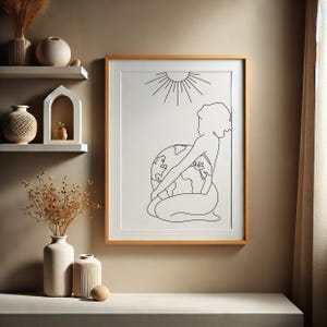 Llevando el mundo: arte lineal sobre maternidad y embarazo, arte lineal sobre mamá y bebé, impresión sobre mamá embarazada, arte mural, impresiones de pared, decoración del hogar