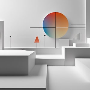 Pode incluir: Formas geométricas abstratas em branco e cinza com um círculo colorido no fundo. O círculo tem um degradê de azul, verde, laranja e vermelho.