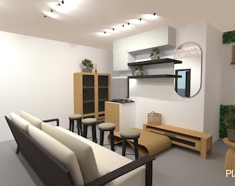 Puede incluir: Una sala de estar con un sofá blanco, un armario de madera y una mesa de café de madera. Hay plantas y un espejo en la pared. La habitación está decorada en un estilo moderno.