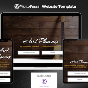 Könnte beinhalten: Eine Website-Vorlage für einen professionellen Gitarristen namens Axel Phoenix. Die Website verfügt über einen Hintergrund aus Holz mit einer Gitarre, einen Call-to-Action, um ihn zu engagieren, und einen Bereich für kommende Shows. Die Website wurde mit dem Divi-Theme erstellt.