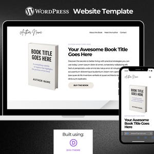 Könnte beinhalten: Eine Website-Vorlage, die auf einem Laptop und Smartphone angezeigt wird. Der Laptop-Bildschirm zeigt ein Buchcover mit dem Text "BOOK TITLE GOES HERE" und das Smartphone zeigt dasselbe Buchcover an. Die Website ist für ein Buch.