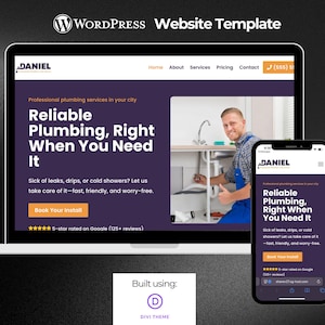 May include: A WordPress website template shown on a laptop and smartphone. The website advertises plumbing services with the text "Reliable Plumbing, Right When You Need It." The design uses a purple and white colour scheme.