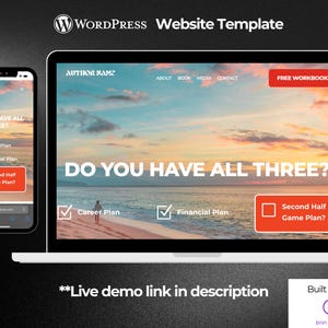 May include: A laptop and smartphone display a website template with a beach scene background. The website's headline reads "DO YOU HAVE ALL THREE?" with checkboxes for career, financial, and game plans. The WordPress logo is at the top.