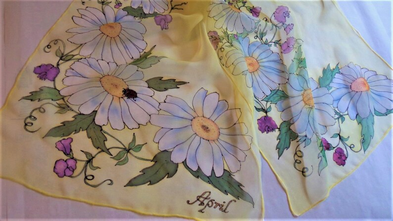 Silk Chiffon Scarf Custom order Hand painted Flower of the Month April image 5