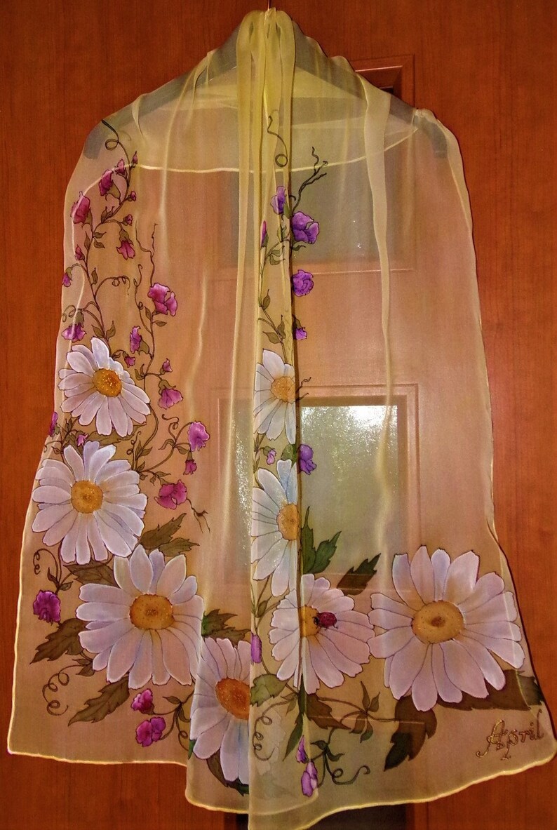 Silk Chiffon Scarf Custom order Hand painted Flower of the Month April image 3